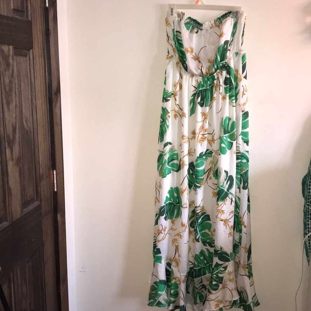 Strapless floral dress.